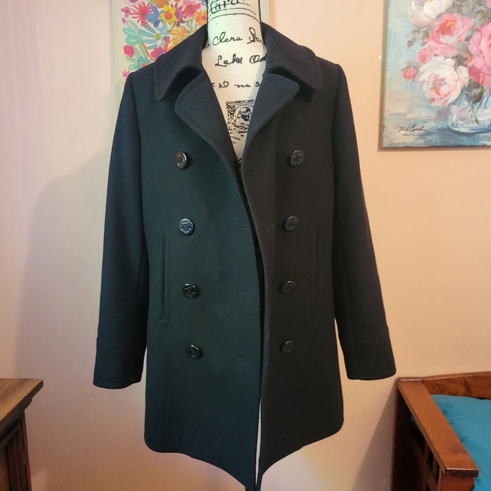 Trina Turk MSRP $589 Lambswool Blend Double- Breasted Black Pea Coat, 10, EUC - Picture 2 of 16